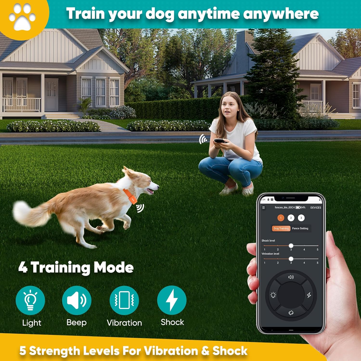 GPS Electric Dog Fence with Free App, Wireless Fence System with Training Collar, Portable for Outdoor Use, Rechargeable Waterproof Flexiable Collar, Adjustable of Dogs (Orange)