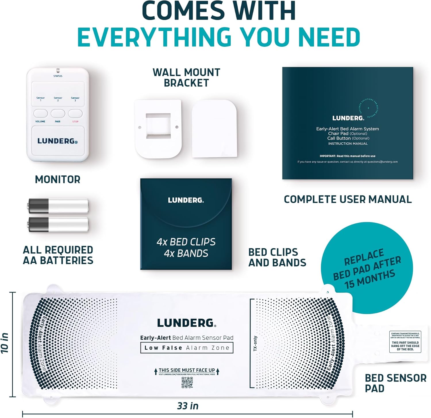 Lunderg Early Alert Bed Alarm for Elderly Adults - Wireless Sensor Pad & Pager - with Pre-Alert Smart Technology - Safety Bed Alarms and Fall Prevention for Elderly and Dementia Patients