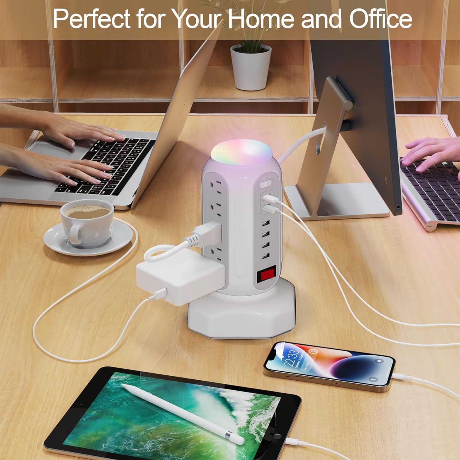 Power Strip Surge Protector Tower, 15 AC Outlets and 6 USB Ports with LED Light, Retractable Heavy Duty Extension Cord with Multiple Outlets, USB Charging Station with Right Flat Plug (White)