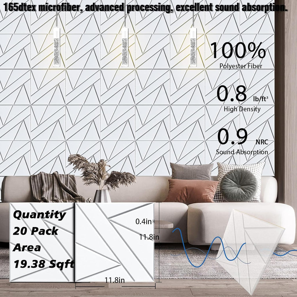 【20 Pack】 Acoustic Panels Self-Adhesive (0.4" Thick | 0.8lb/ft³ Medium Density) - 12x12 Soundproof Foam Tiles for Home Office/Wall Sound Absorption, Noise Reduction Panels Studio Use - White