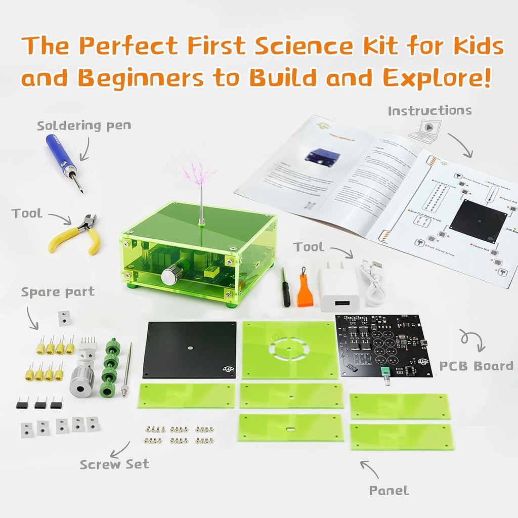STEM Science Building Kit for Kids–Electronic Tesla Lightning Kit–Easy DIY Science Gadgets & Crafts–Unique Educational Gift Toys for Fun and Learning(Soldering Version) (Fire Wheel-Fluorescent Green)