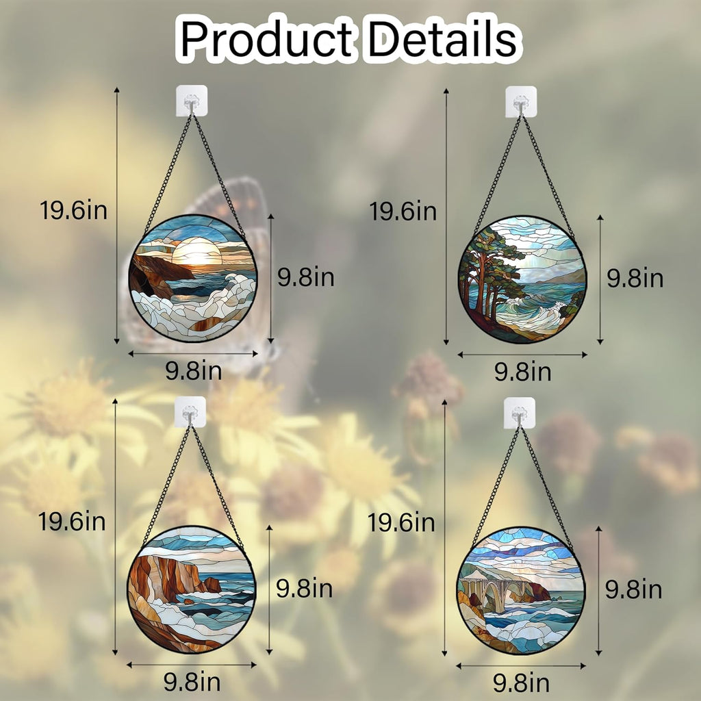 Stained Glass Window Hanging 4 Pcs Set Ocean Waves 9.8" - Blue and White Sea Suncatcher Door Garden Sun Catcher Decor Birthday Christmas for Mom Woman Nana Men