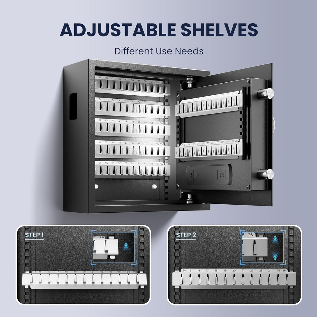 Heavy Duty 64 Keys Electronic Key Lock Box Wall Mount with Code, Key Cabinet with Deposit Key Slot, Adjust Key Organizer with Led Light