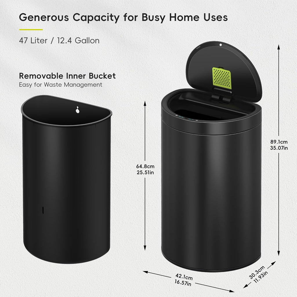 EKO Mirage Semi-Round 47L / 12.4 Gal Motion Sensor Trash Can, Automatic Kitchen Trash Bin with Deodorizer Compartment, Removable Lid & Inner Bucket, Stainless Steel Garbage Can, Matte Black