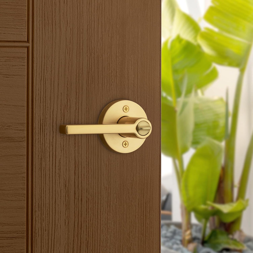 Kwikset Halifax Entry Door Handle with Lock and Key, Secure Keyed Reversible Lever Exterior, for Front Entrance and Bedrooms, Satin Brass, 10 Pack, Pick Resistant SmartKey Rekey Security
