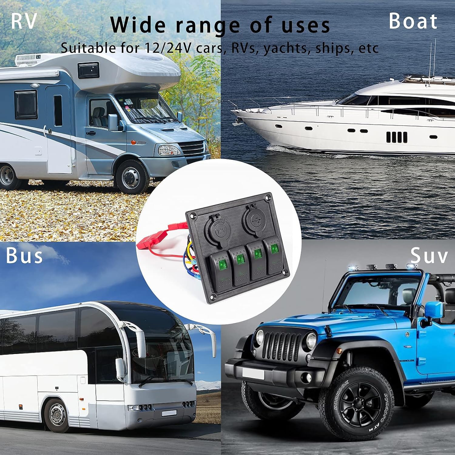 4 Gang Rocker Switch Panel, Multi-Function LED On-Off Switch with 3.1A Dual USB Charger, 12/24V Waterproof Marine Wired Toggle Switch Panel for Automotive Cars Marine Boats RVs (Green)