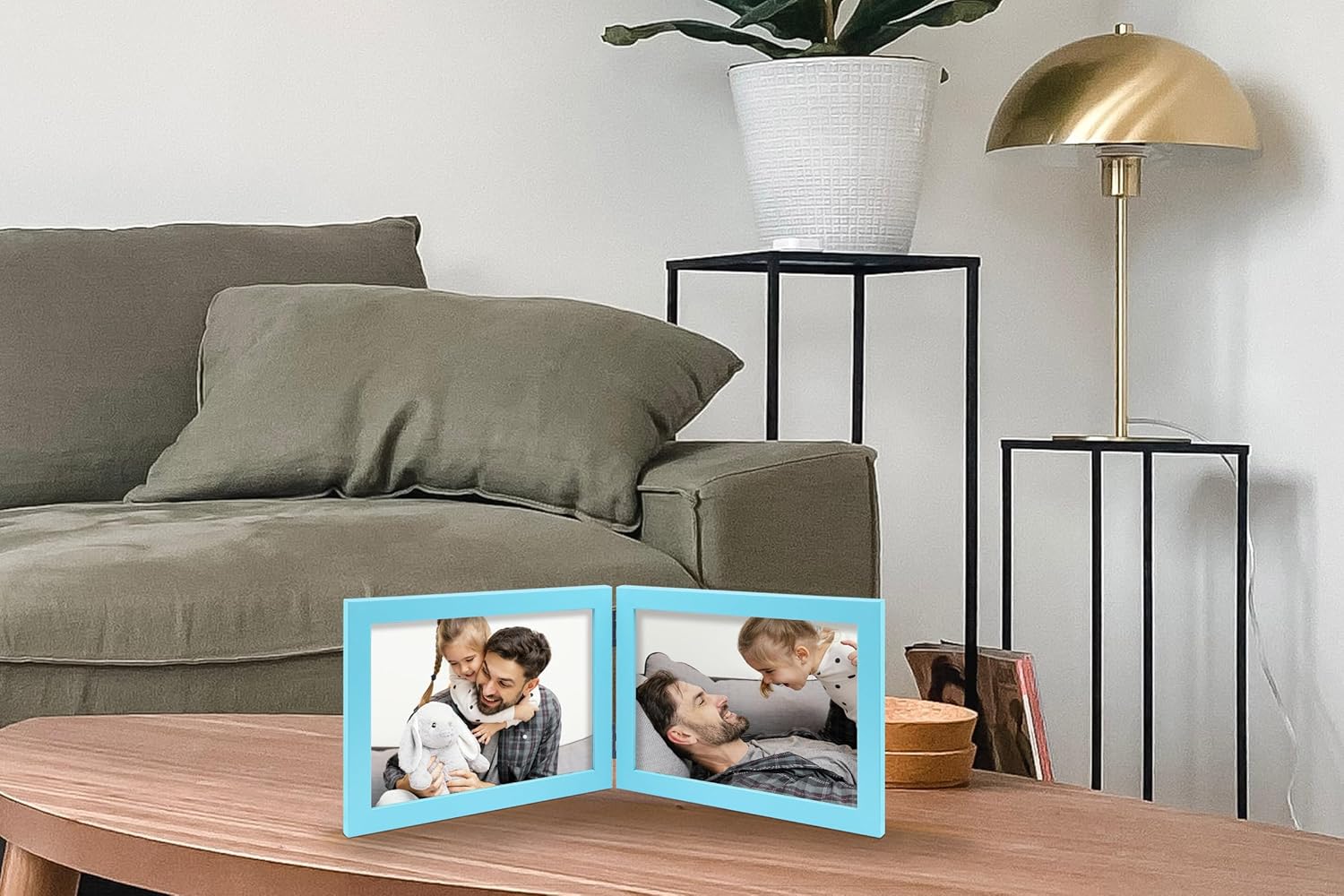 Double 5x7 Horizontal Combo, Soft-Blue Wood Picture Frame, 4.5x6.5 Opening Foldable Landscape View Photo Frame on Table-top or Wall