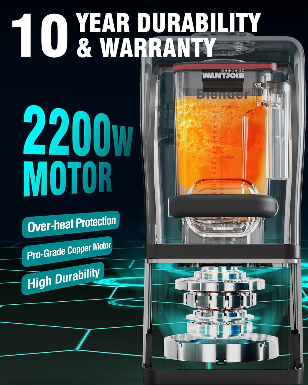 WantJoin Commercial Blender - 68 oz Quiet Commercial Blender for Smoothies with Sound Enclosure, 2200W Upgraded Copper Motor, 30000RPM, 7 Speeds, Blenders for Frozen Drinks, Juice, Soup