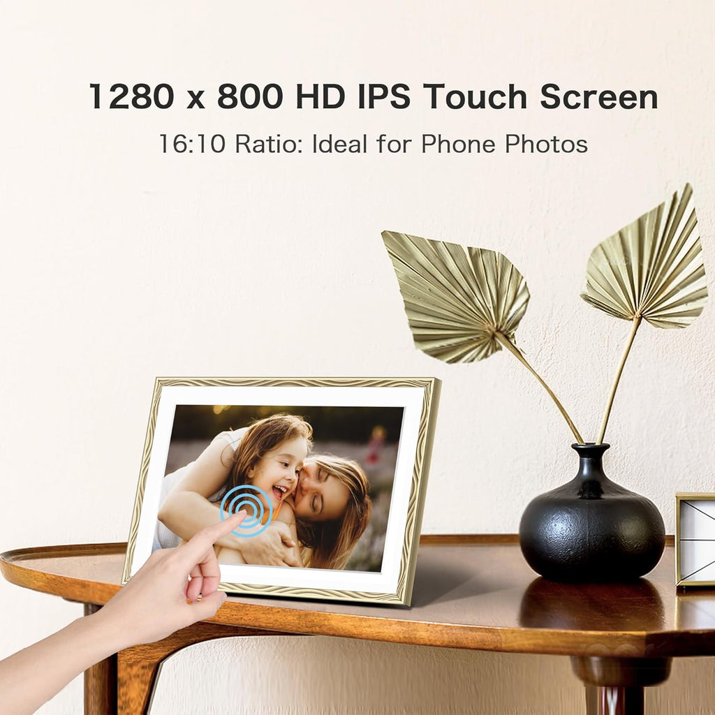 Digital Picture Frame, 10.1'' Frameo Digital Frame Wifi, 1280*800 HD Touch Screen, 32GB Memory, Wall Mountable Digital Photo Frame, Auto-Rotate, Share Instantly, Wedding, Birthday Gifts for Mom, Gold