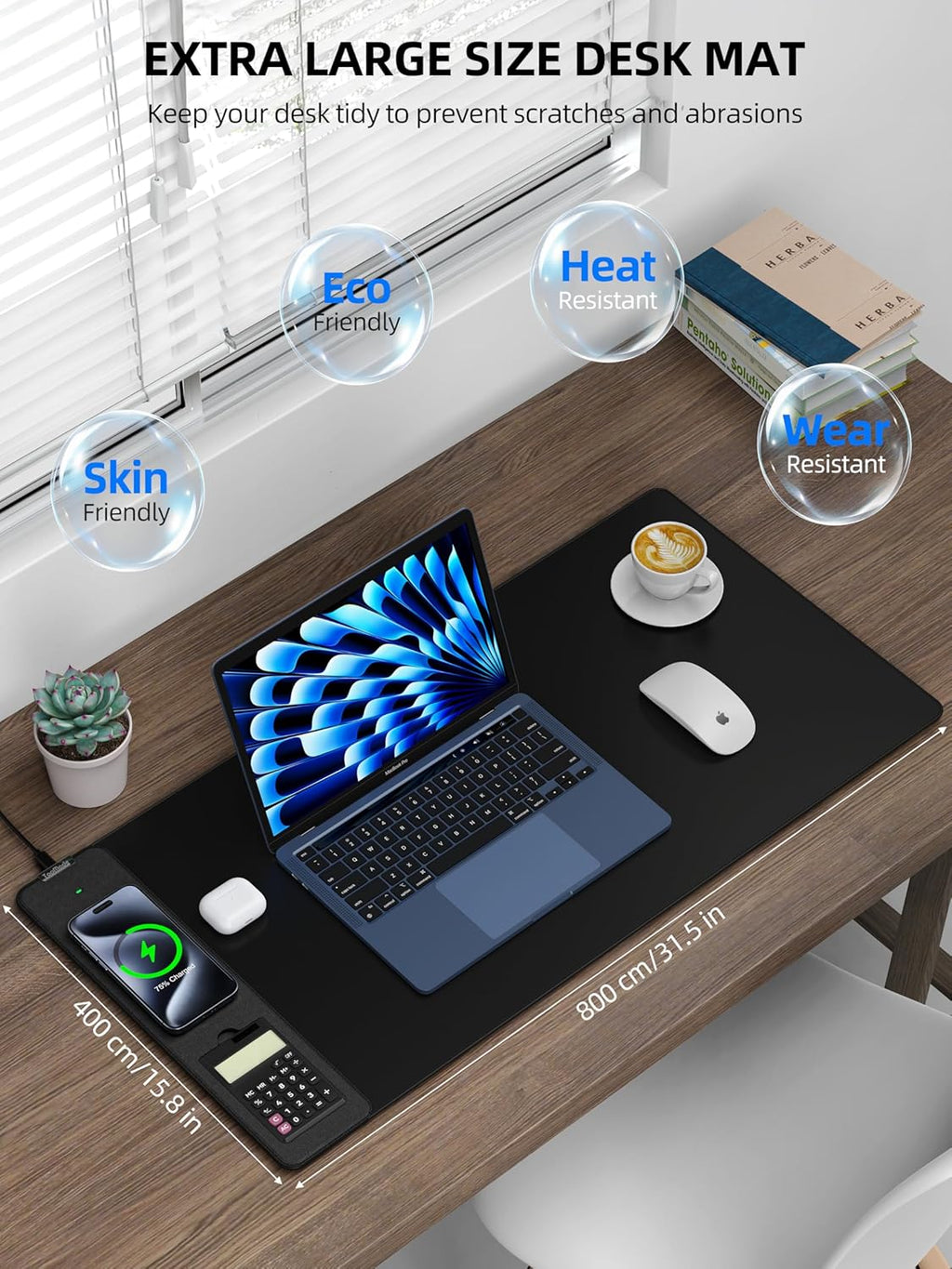 TopMade Mouse Pad with 15W Wireless Charging, Removable 8-Digit Solar Calculator, 31.5" x 15.75" XXL Large Desk Pad, Gaming Computer Keyboard Pad, Waterproof Mousepad Home Office Desk Mat, Black