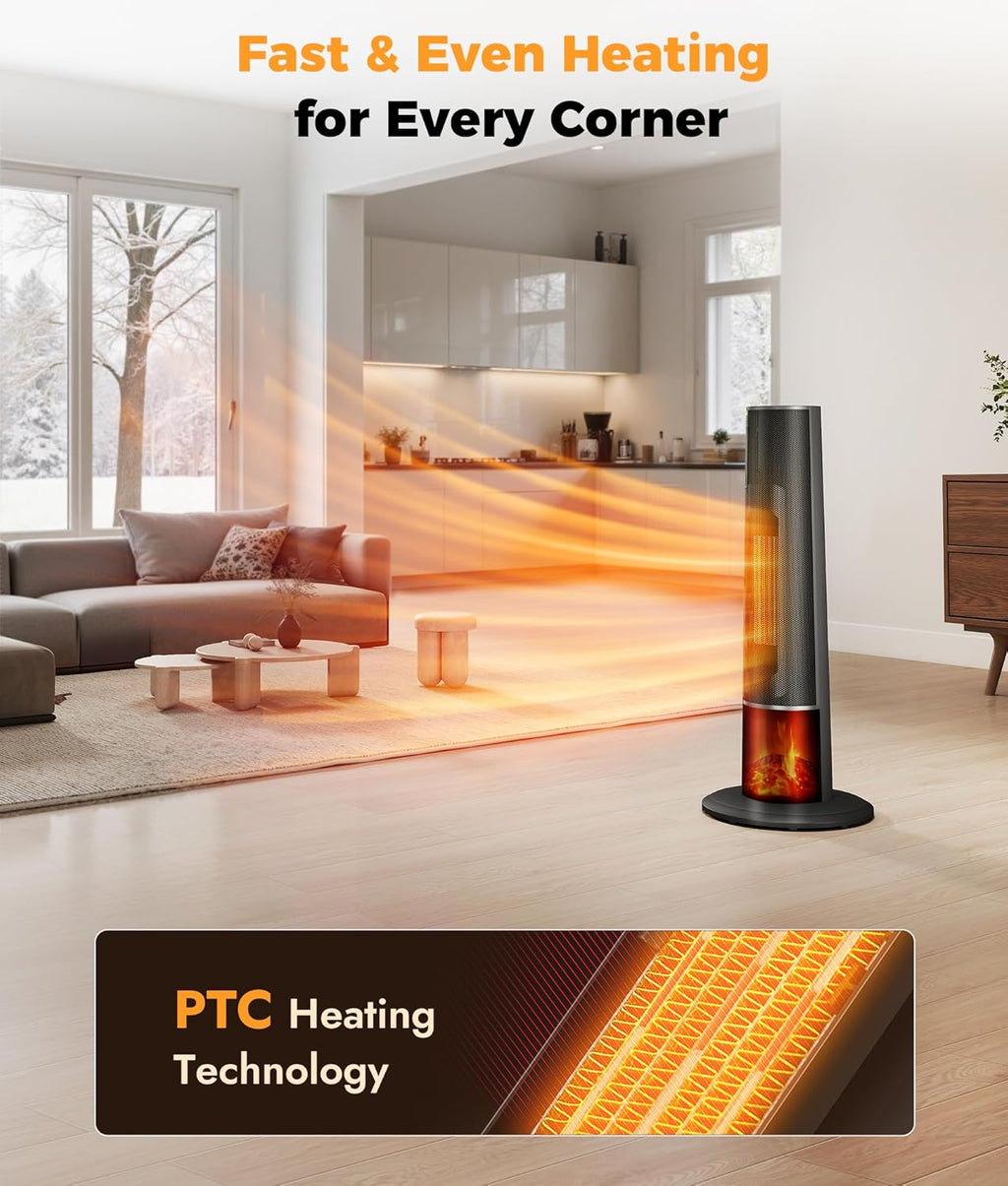 Tower Heater for Indoor Use - 25" Portable Space Heater with 3D Flame, Remote, Adjustable Thermostat, 2 Heat Modes, Multiple Safety Protection, 12H Timer, Quiet Electric Heater for Large Room