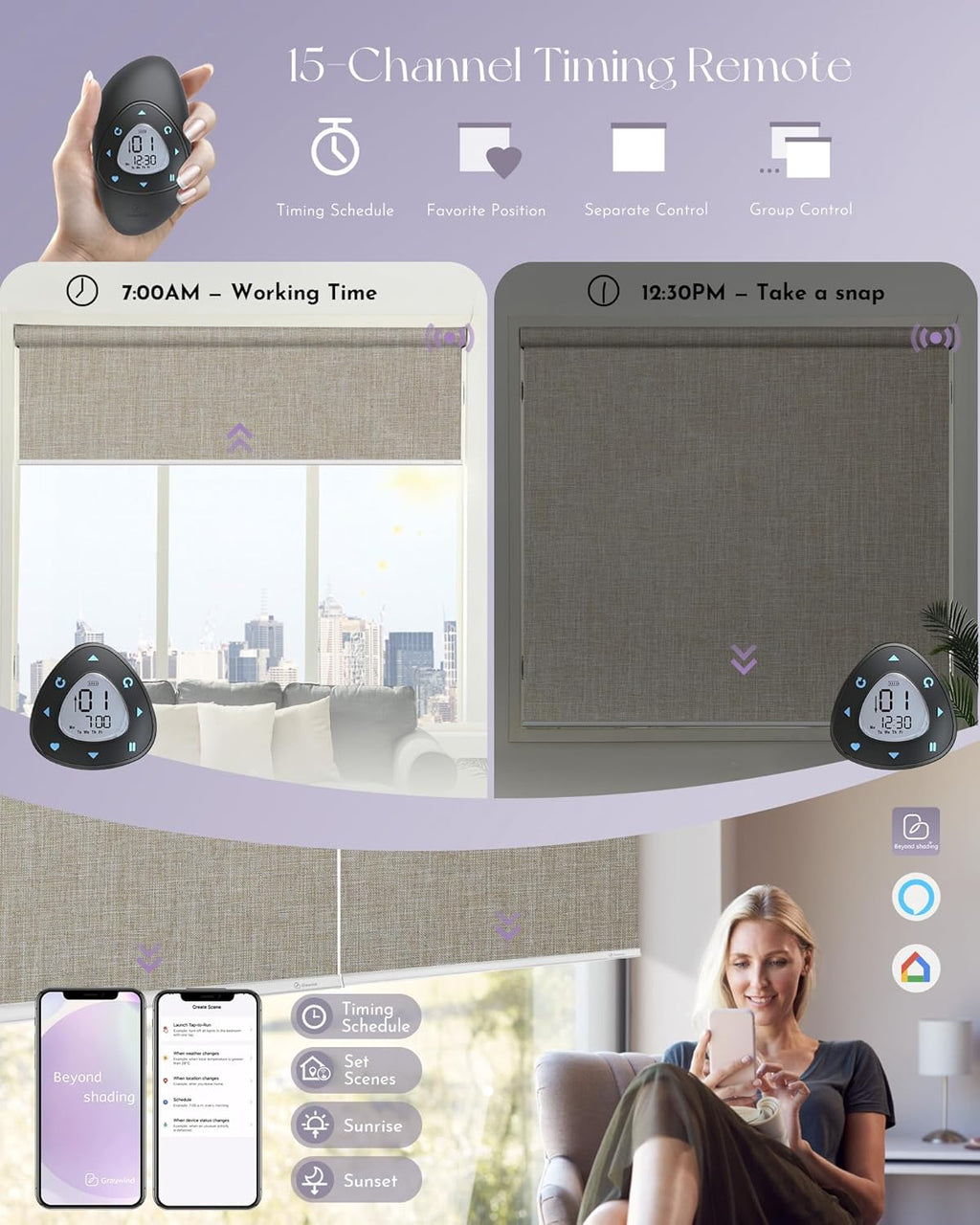 Graywind Motorized Roller Shades Compatible with Alexa Google Smart Blackout Shades with Remote Triple Weaved Fabric Window Blinds with Valance for Smart Home Office, Customized Size (Light Coffee)