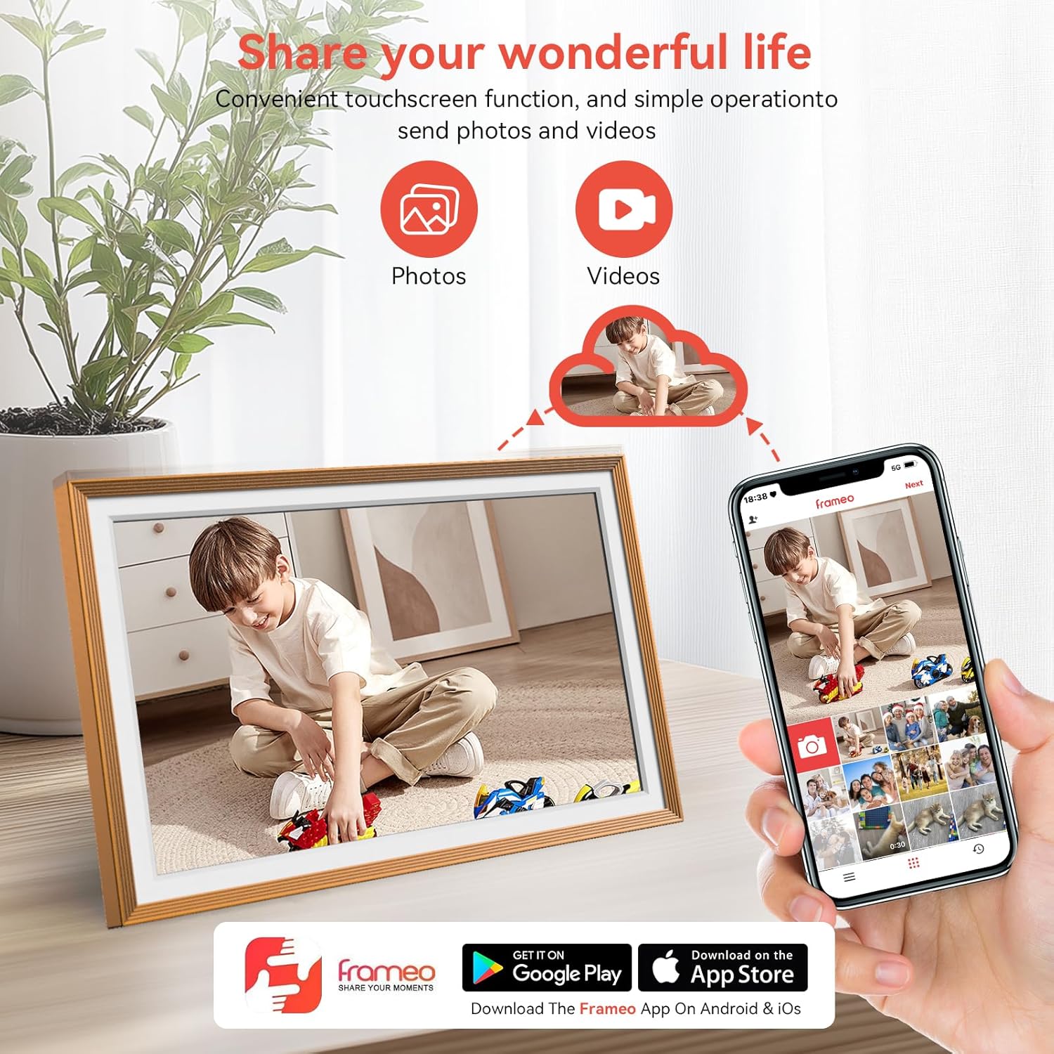 Frameo Digital Picture Frame 10.1" HD IPS Anti-Glare Touch Screen Load Photos & Videos Directly from Phone Ideal for Thoughtful Gifting Small and Exquisite - Rose Bronze