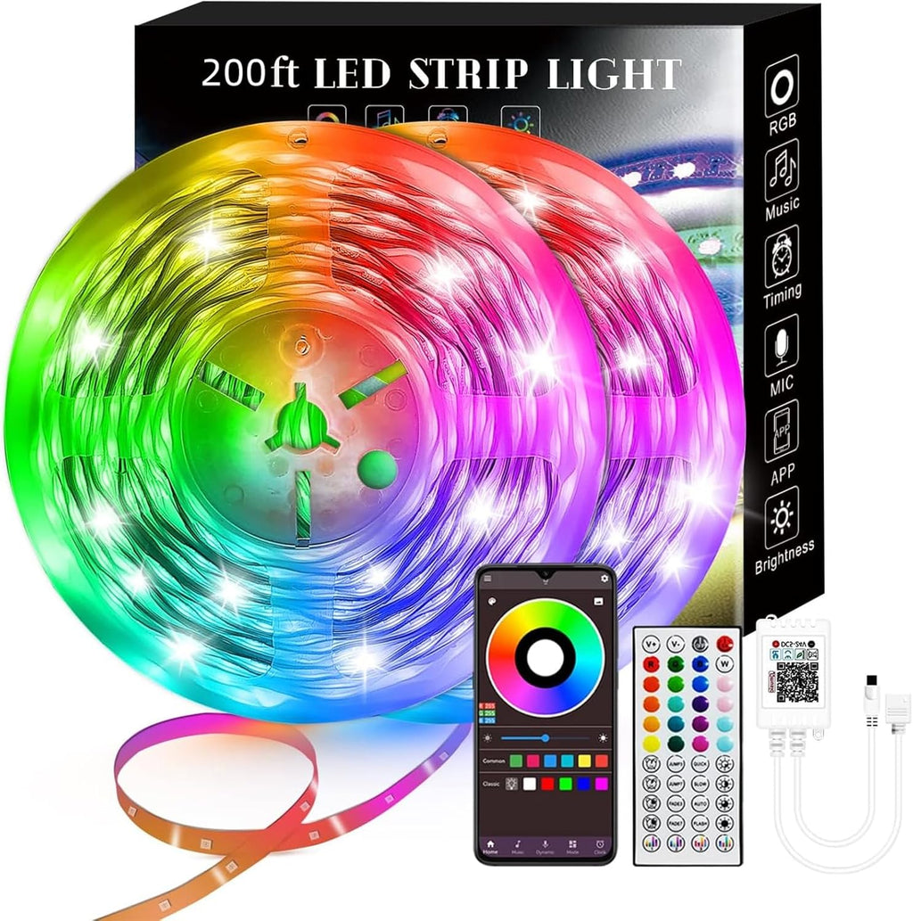 200FT Smart LED Strip Lights (2 Rolls of 100ft), RGB Strip Lights Sync to Music with 40 Key Remote Controller LED Lights for Bedroom,Christmas Lights decration (Multi-Colored, 200FT)