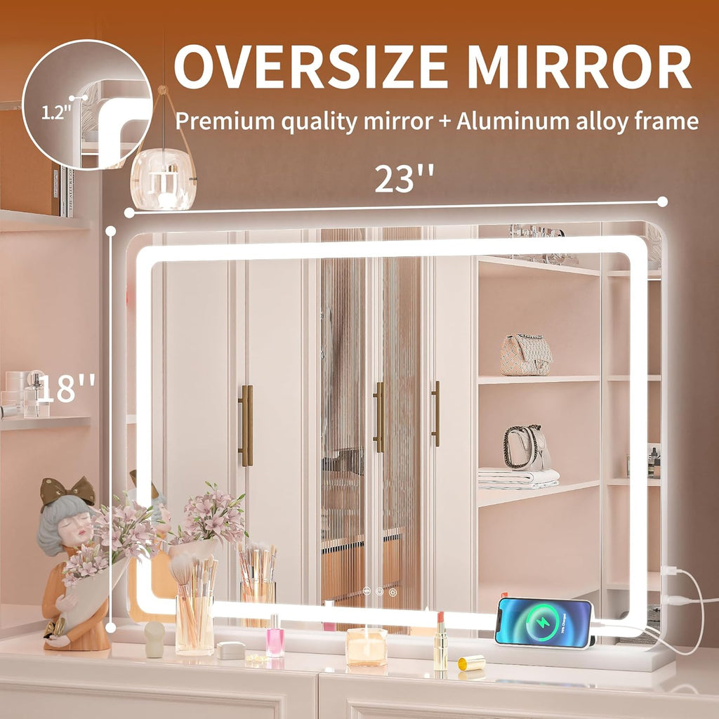 Hasipu Vanity Mirror with Lights, 22.8" x 18" LED Makeup Mirror, Lighted Makeup Mirror with Dimmable 3 Modes, Touch Screen Control Vanity Mirror Round White