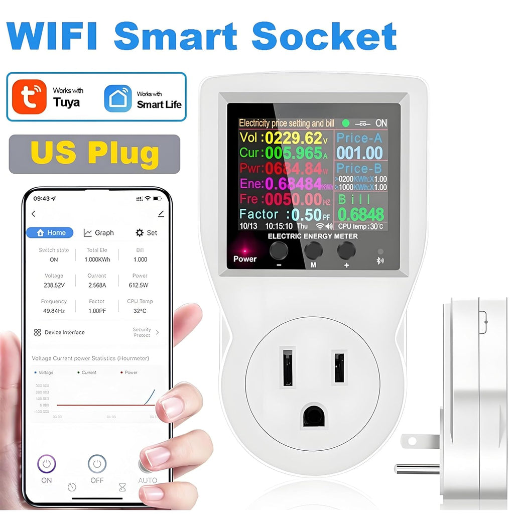 WiFi Smart Plug with Energy Monitoring Electricity Usage Monitor with LCD Display Smart Metering Socket for Home Appliances AC85‑265V US Plug 16A Maximum Current 3680W