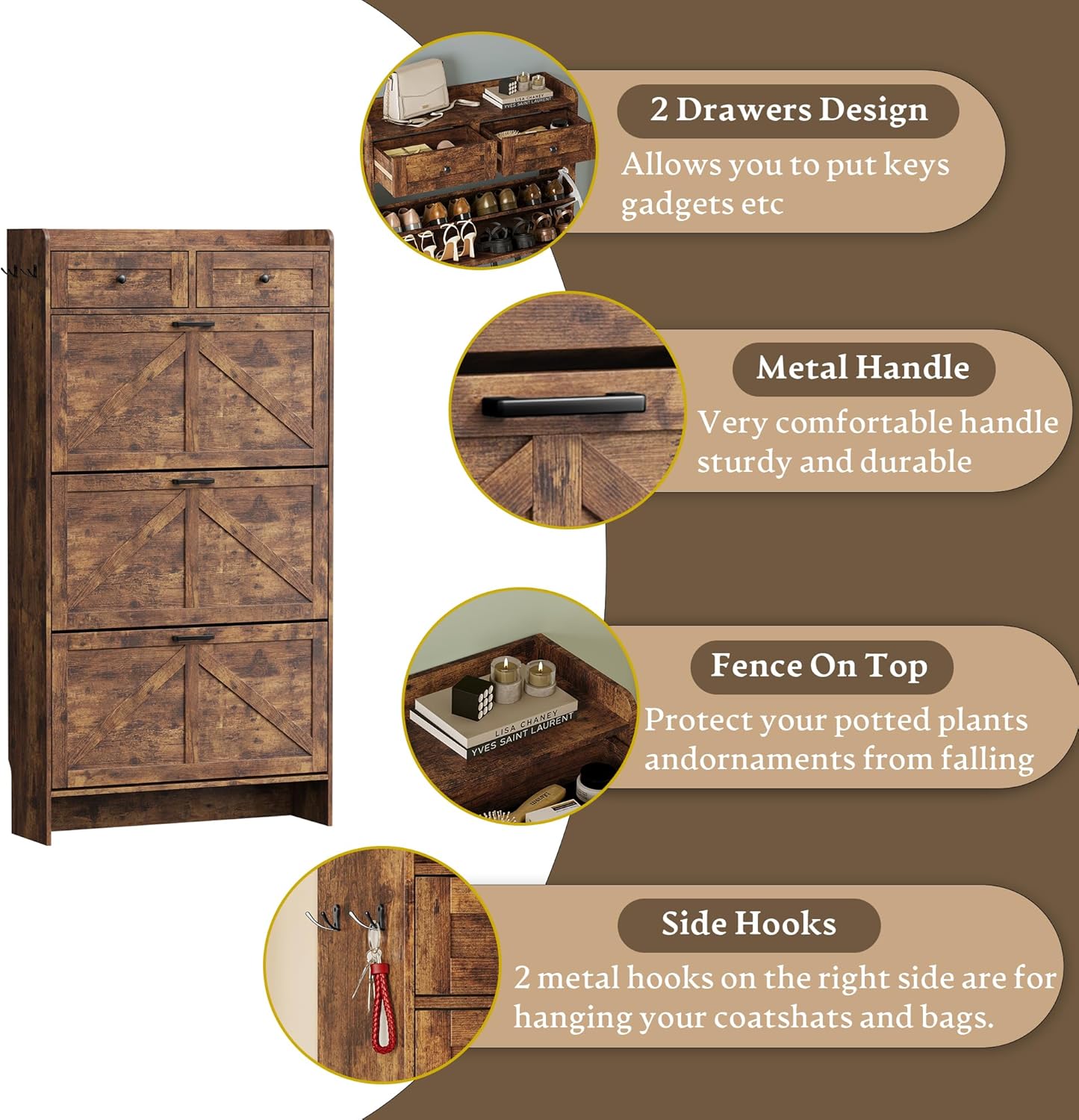 Shoe Storage Cabinet for Entryway, Farmhouse Narrow Shoe Cabinet with 3 Flip Drawers & 2 Top Drawers, Adjustable Shelves & Hooks, Freestanding Hidden Rack Organizer for Hallway, Foyer