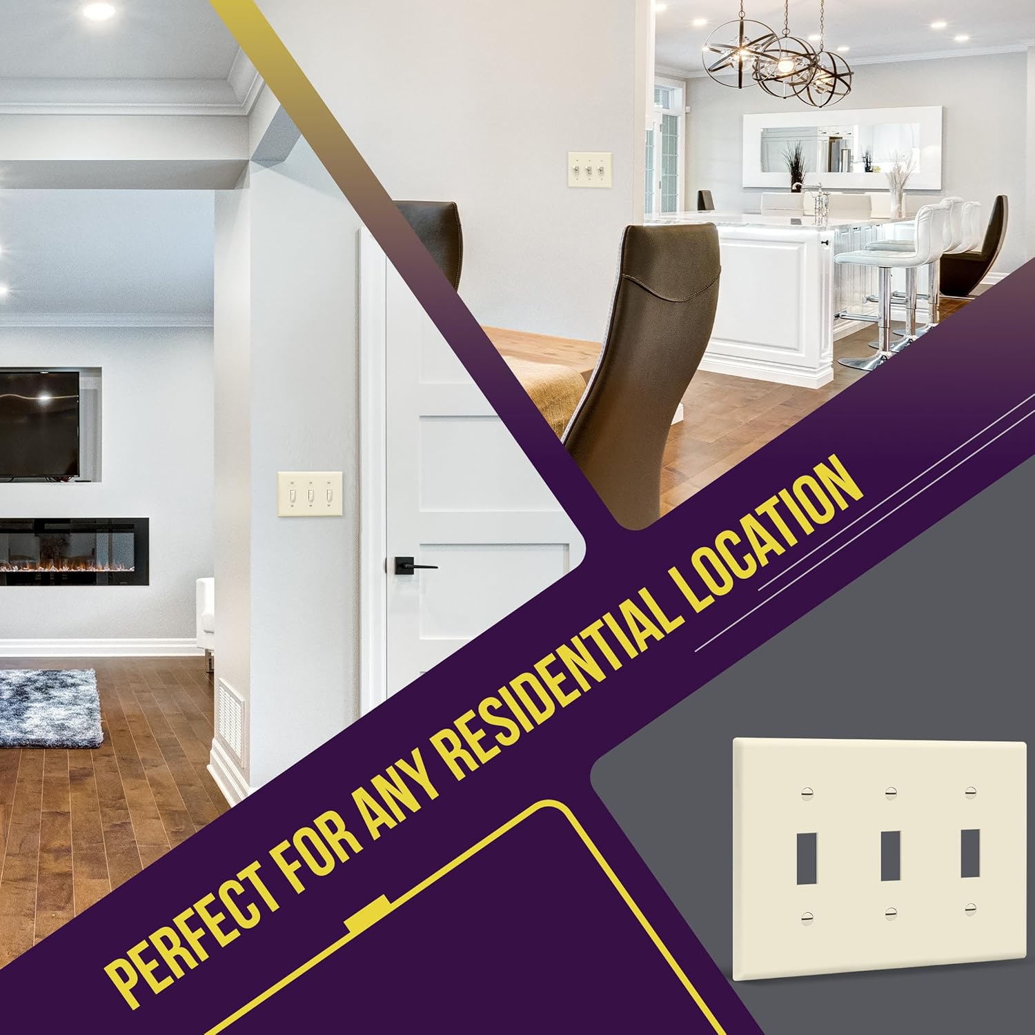 ENERLITES Triple Toggle Light Switch Wall Plate, Gloss Finish, Standard Size 3-Gang 4.50" x 6.38", Unbreakable Polycarbonate Thermoplastic, 8813-LA, Light Almond