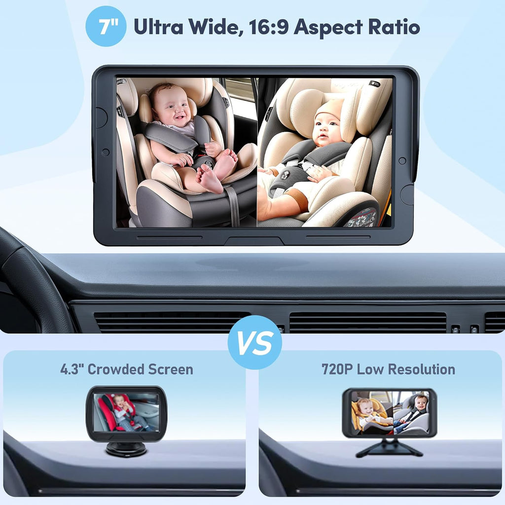 2-Kids Baby Car Camera Dual Monitor – 7 Inch Display with Two Rear Facing Car Seat Cameras, 1080P HD Night Vision IR-CUT, USB Powered Plug and Play Backseat Baby Monitor for Infant & Toddler Safety