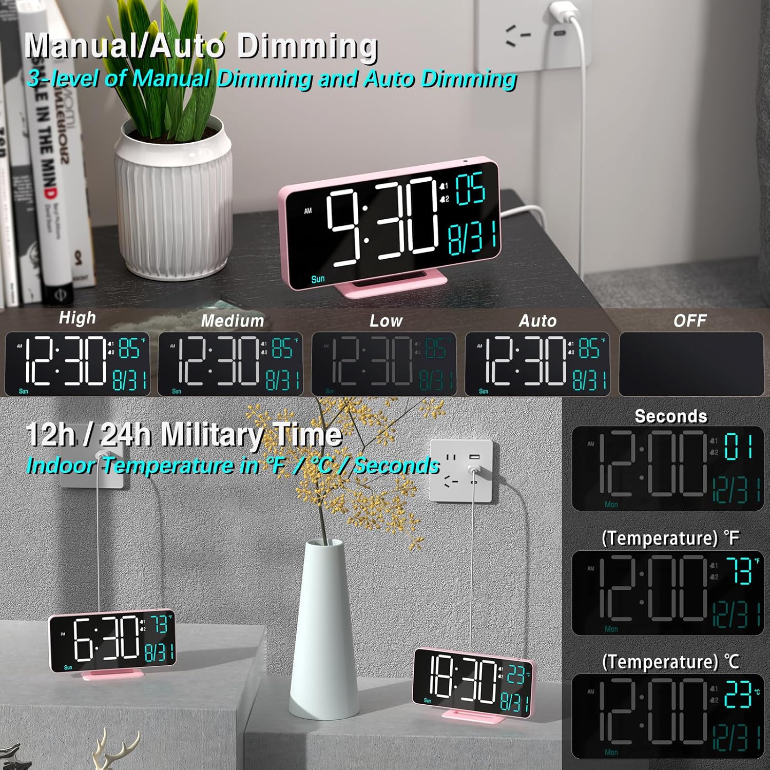 KOSUMOSU Clock for Bedroom, 6.7in Digital Alarm Clock, Auto Dimming, Room Temperature, Day of The Week, Seconds, Date, Alarm Clocks for Bedrooms, Digital Clocks for Living Room
