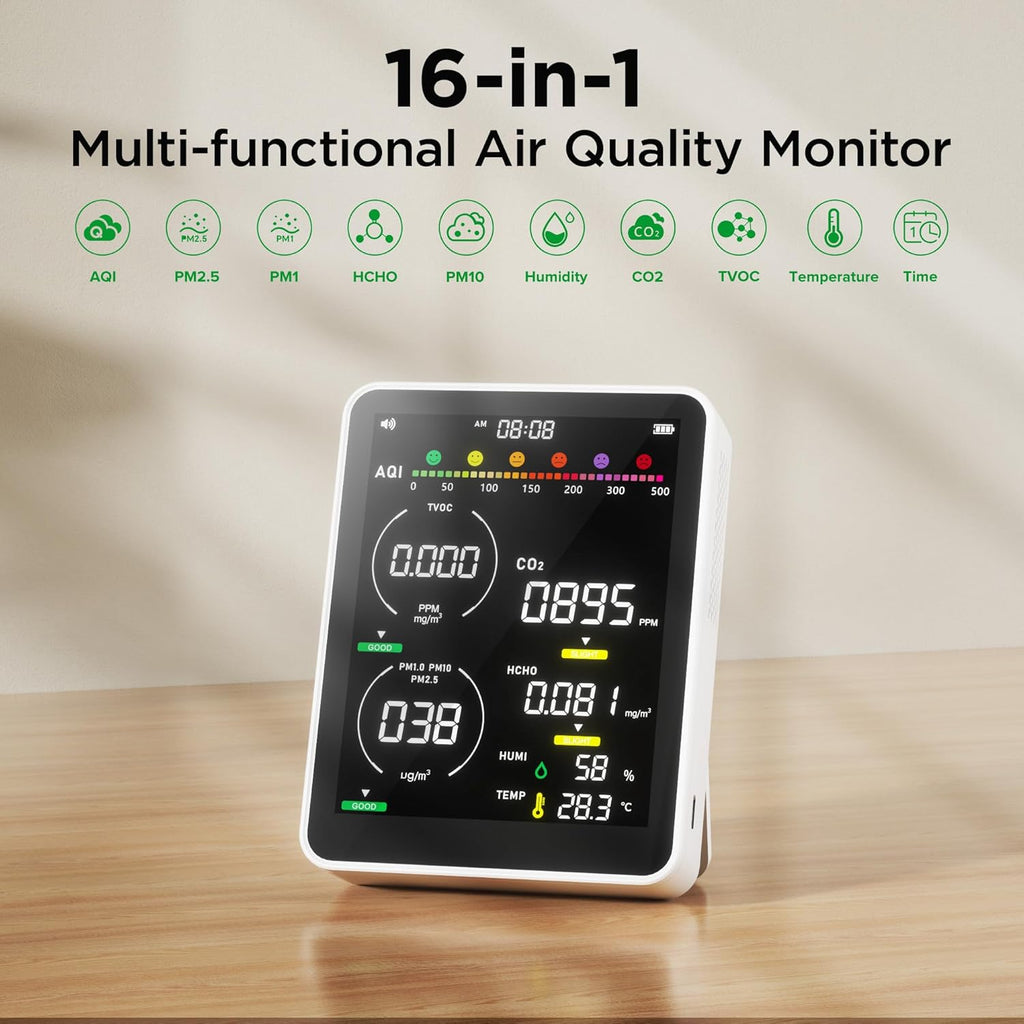 Air Quality Monitor Indoor,13-in-1 Smart Air Quality Tester with PM 2.5, CO2, TVOC, HCHO, PM1, AQI, PM10, Temperature & Humidity, Real Time Display, Battery Powered, for Home & Office (Ice White)