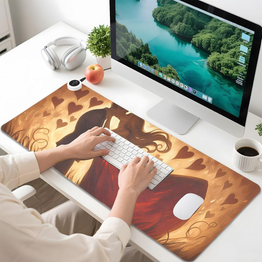 Large Heated Mouse Pad,Leather Desk Mat,31.5"x13",Hand Warmer Pads for Desk,Love(Brown)