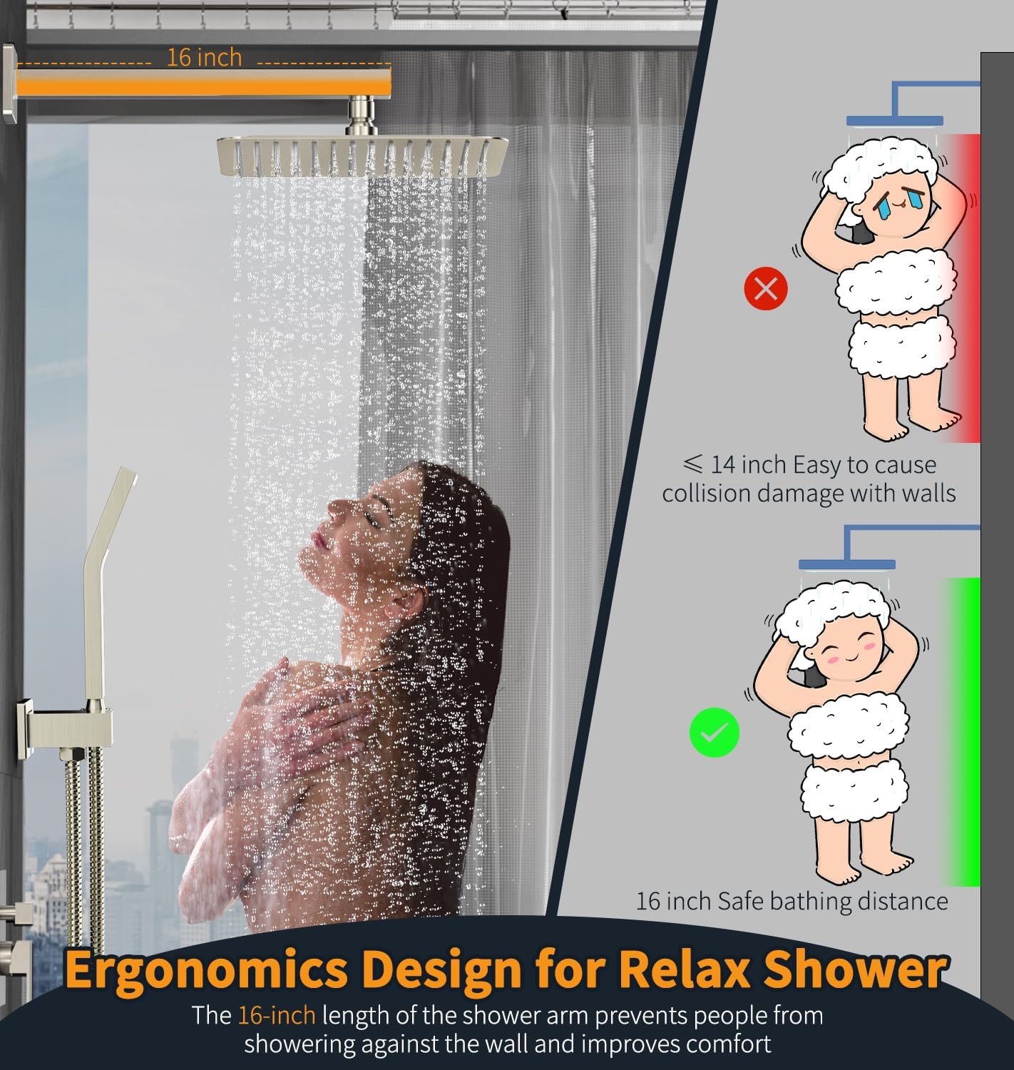 SR SUN RISE 12 Inches Bathroom Luxury Rain Mixer Shower Combo Set Wall Mounted Rainfall Shower Head System Brushed Nickel Finish Shower Faucet Rough-In