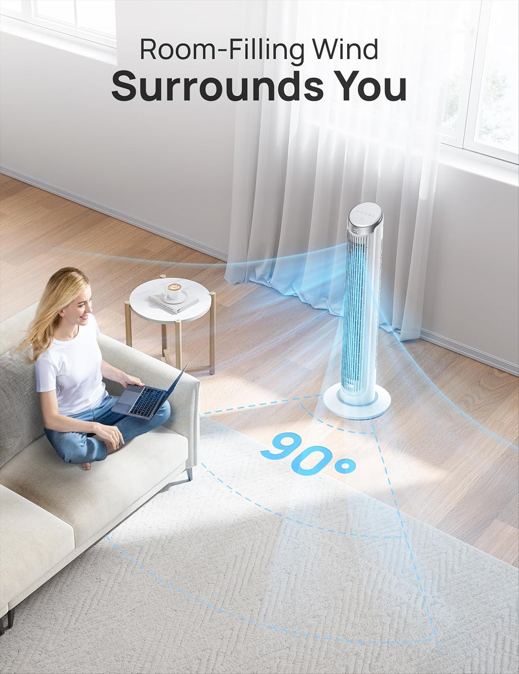 Dreo Tower Fans for Bedroom, 90°Oscillating Fans for indoors,5 Speeds 4 Modes Max 26ft/s, 12H Timer, LED Display with Touch, Remote, 40" Quiet Bladeless Standing Floor Fan for Home Office, White