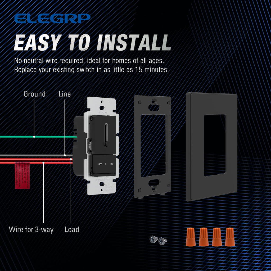 ELEGRP Slide Dimmer Switch for Dimmable LED, CFL and Incandescent Light Lamp Bulbs, Single Pole or 3-Way, Full Control with Preset, Rocker Paddle, Wall Plate Included, UL Listed (2 Pack, Matte Black)
