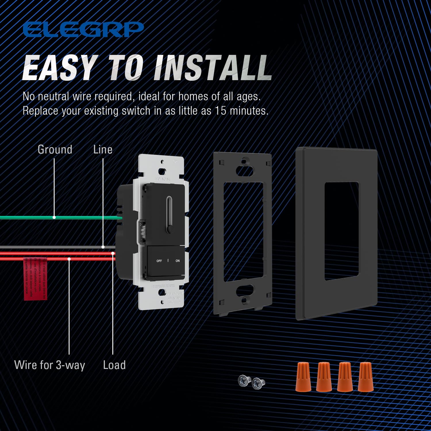 ELEGRP Slide Dimmer Switch for Dimmable LED, CFL and Incandescent Light Lamp Bulbs, Single Pole or 3-Way, Full Control with Preset, Rocker Paddle, Wall Plate Included, UL Listed (2 Pack, Matte Black)