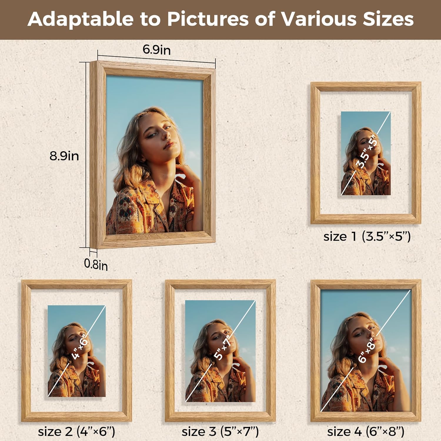 Axeman 6x8 Floating Picture Frame - Solid Oak Wood Picture Frame, Double Tempered Glass Photo Frame 2x3 4x6 5x7 6''x8'' Wood Frame, Wall Mount Or Tabletop Standing, Natural