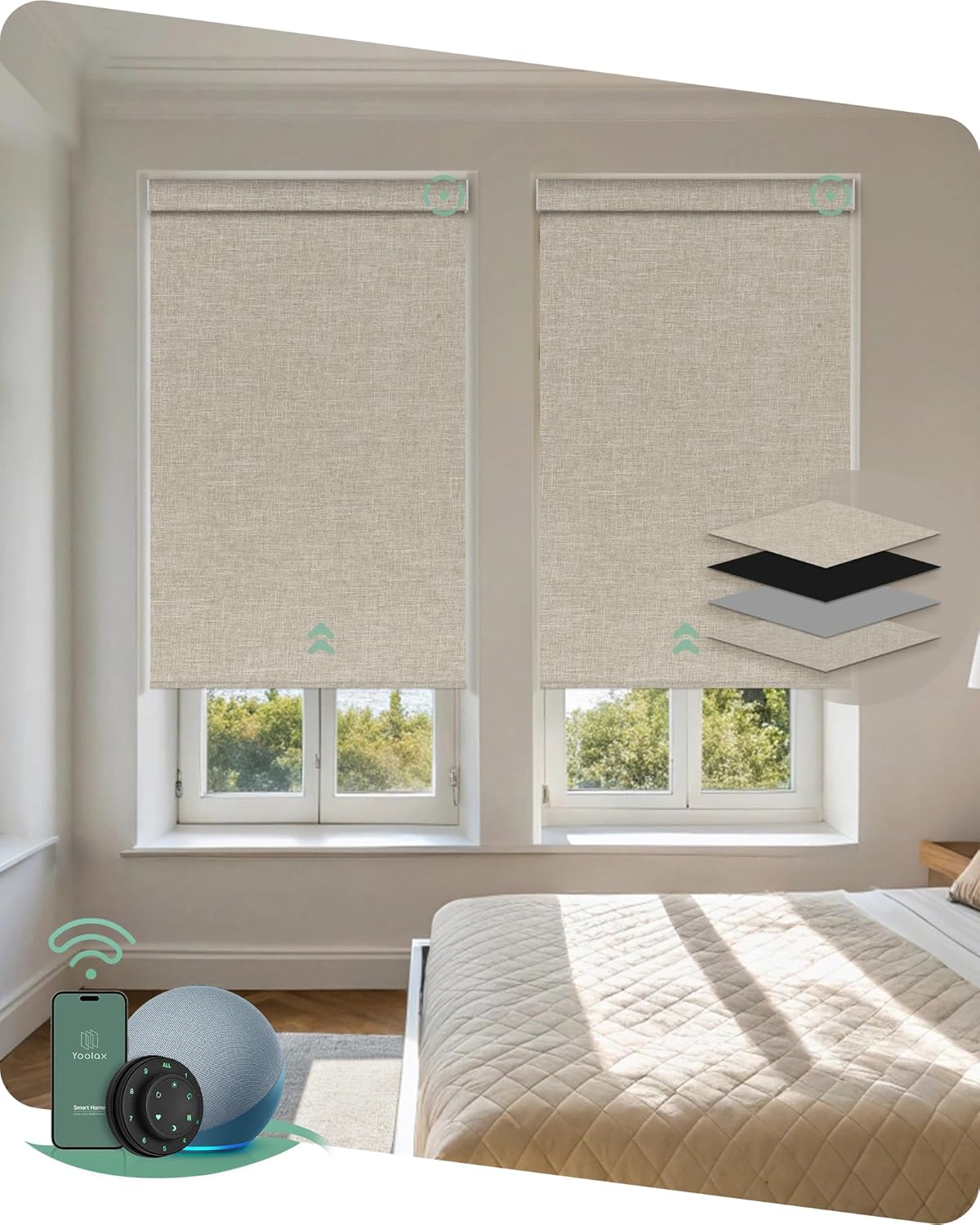 Yoolax Motorized Blinds with Remote, Blackout Smart Blinds Motorized Fabric Roller Shades Compatible with Alexa, Automatic Shades for Windows Custom Size (Beige)