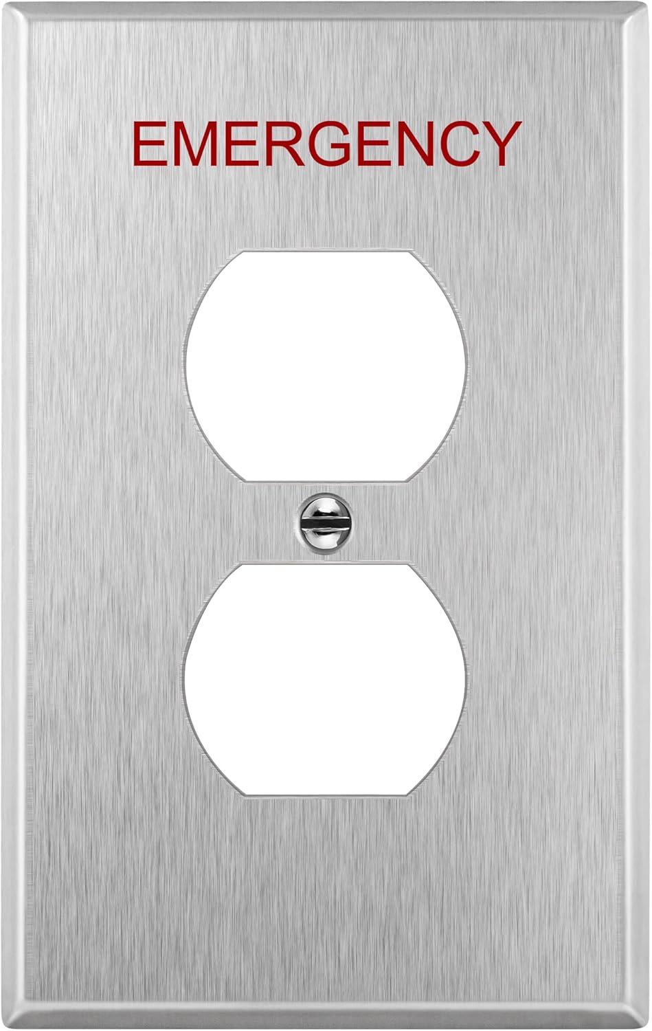 ENERLITES Duplex Receptacle Metal Wall Plate with Emergency Label, Stainless Steel Outlet Cover, Corrosion Resistant, Mid-Size 1-Gang 4.88" x 3.11", 430 Stainless Steel, 7721M-E, Silver