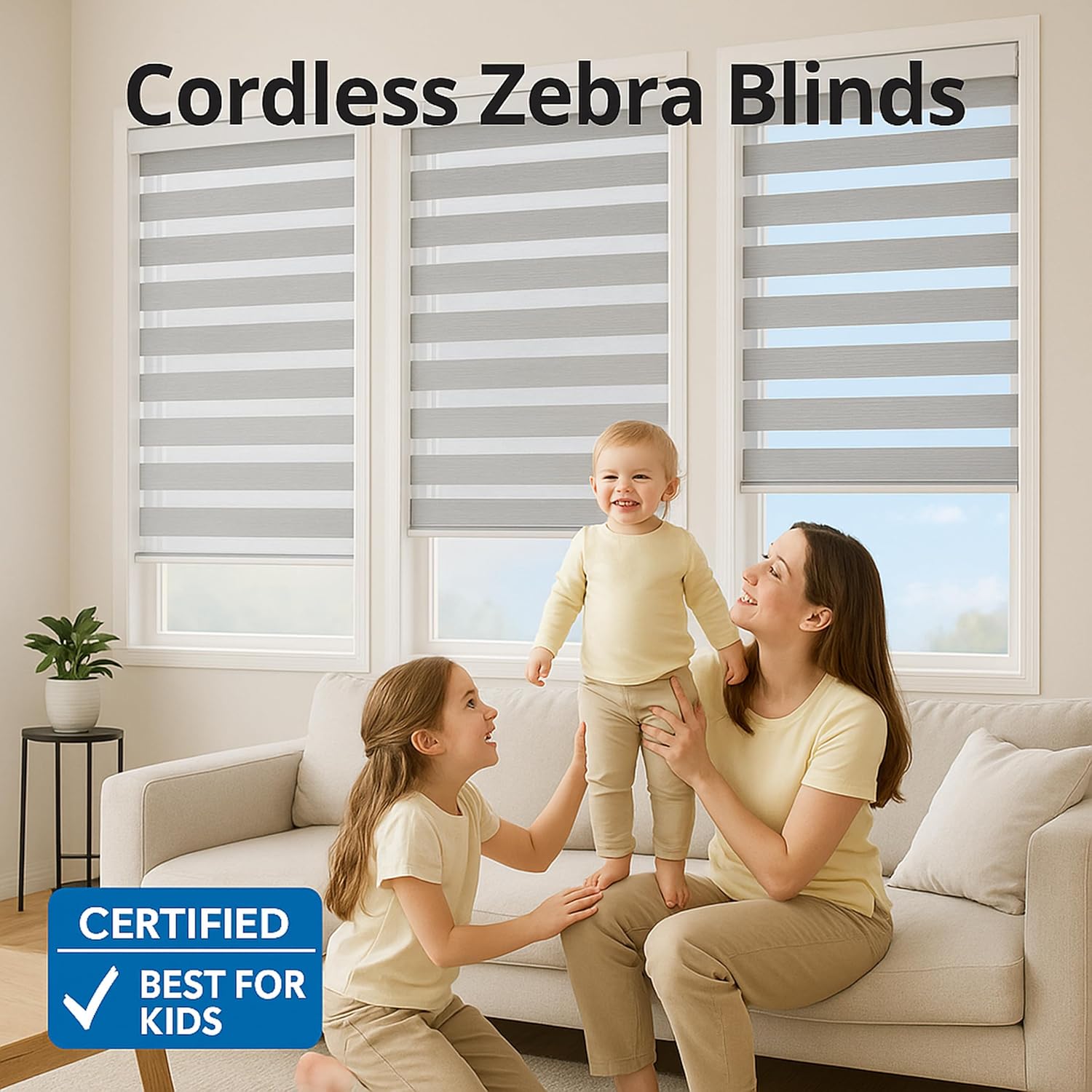 Shadesu Cordless Zebra Blinds for Windows, 36" W x 72" H, Grey, Dual Layer Free-Stop Zebra Shades, Light Control for Day and Night, Sheer Blinds for Indoor Windows, Bedroom, Kitchen