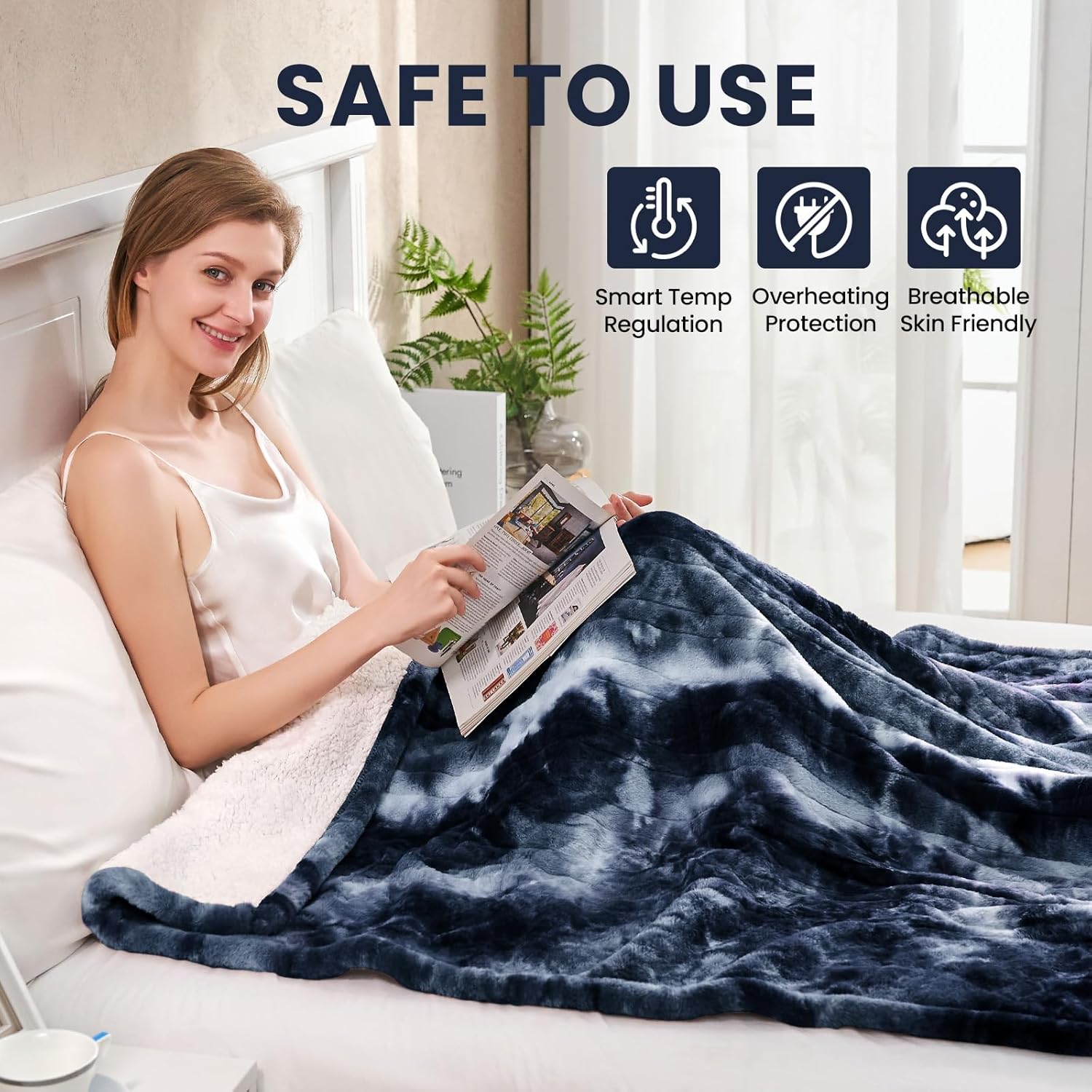 Electric Heated Throw Blanket 50"x60",Luxury Blue Faux Rabbit Fur Electric Blanket,Fast Heating Soft Fluffy Thick Electric Blanket with 6 Heating Levels & 12H Auto Off