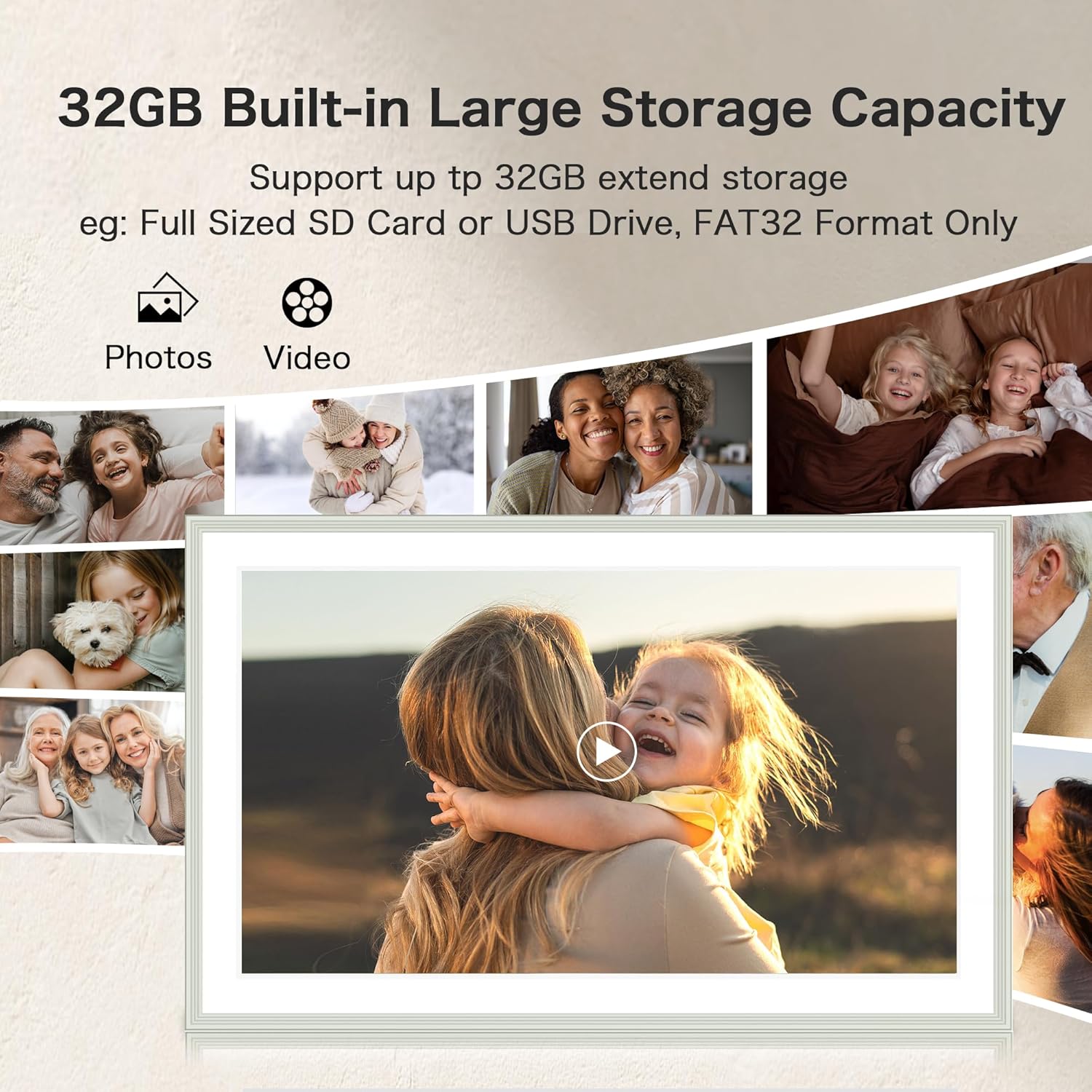 Digital Picture Frame, 15.6 Inch Frameo Digital Frame WiFi, 1920*1080 IPS FHD Touchscreen, 32GB, Tabletop&Wall-Mounted, Share Picture Video, Electronic Photo Frame Slideshow, Gifts for Mom, White Clay