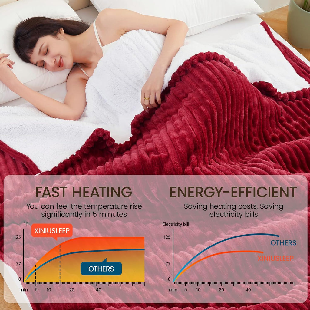 Heated Blanket Electric Blanket 50"x60", Soft Flannel Sherpa Electric Throw with 5 Heating Level & 12 Times Setting, Heated Throw with Overheating Protection, Machine Washable (Red)