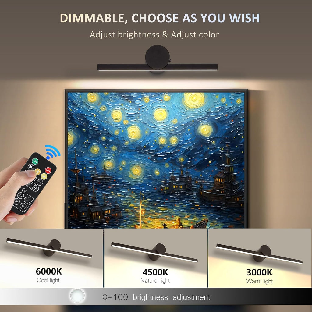 ZitoStory Battery Operated Picture Light with Remote,Wireless Dimmable Art Lights for Paintings Rechargeable Gallery Light Artwork Lighting for Canvas, Portrait (Black,11.41'' Inch)