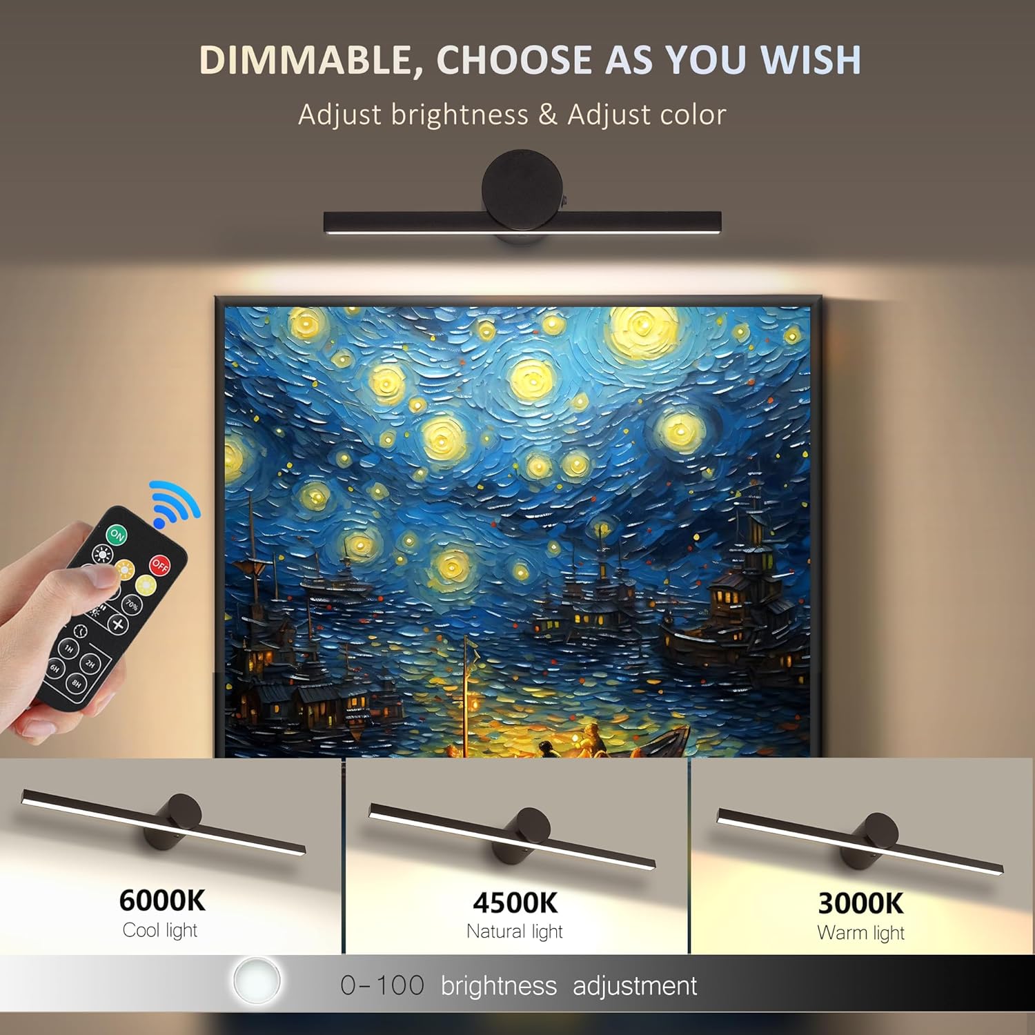 ZitoStory Battery Operated Picture Light with Remote,Wireless Dimmable Art Lights for Paintings Rechargeable Gallery Light Artwork Lighting for Canvas, Portrait (Black,11.41'' Inch)