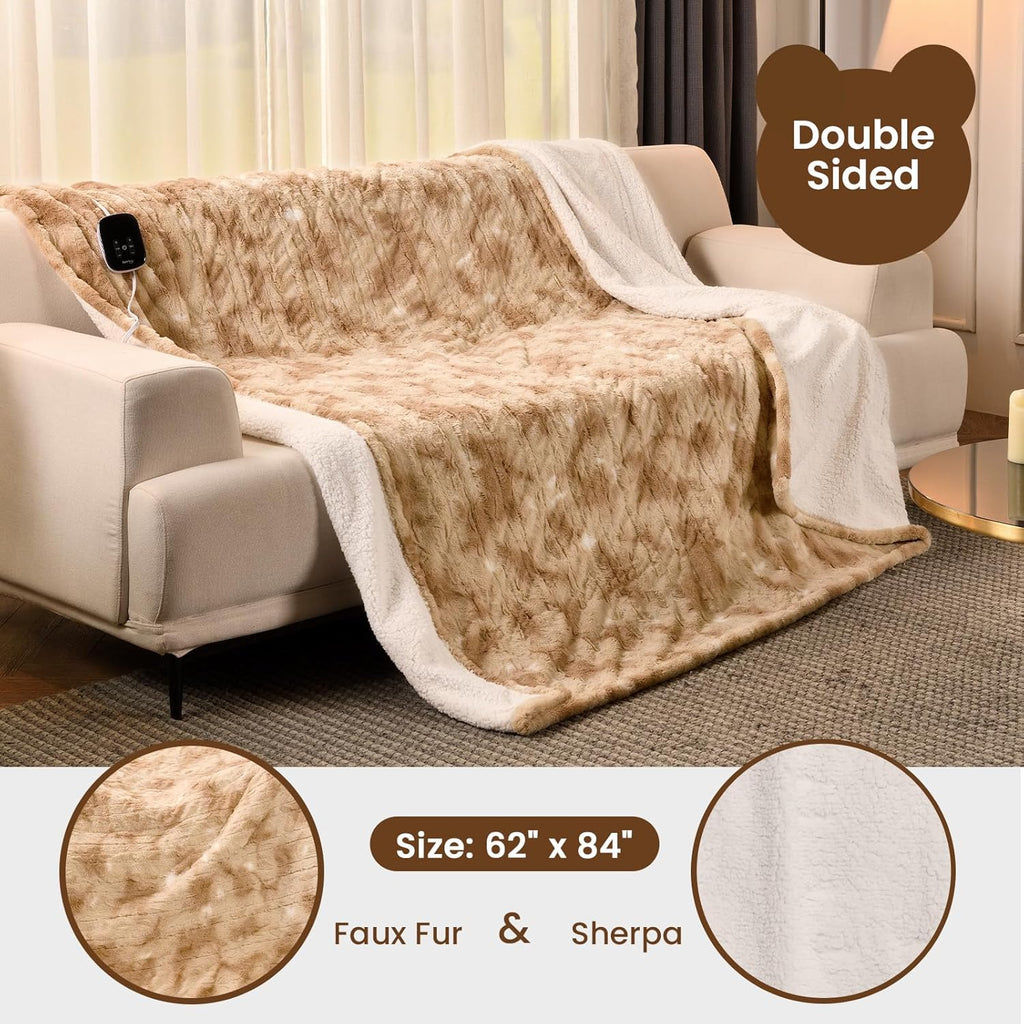 Bearhug Electric Blanket Twin Size 62" x 84", Faux Fur & Sherpa Heated Blanket, 10 Heating Levels & 1-12H Auto Off, Champagne, Over-Heat Protect, ETL Certification, Machine Washable
