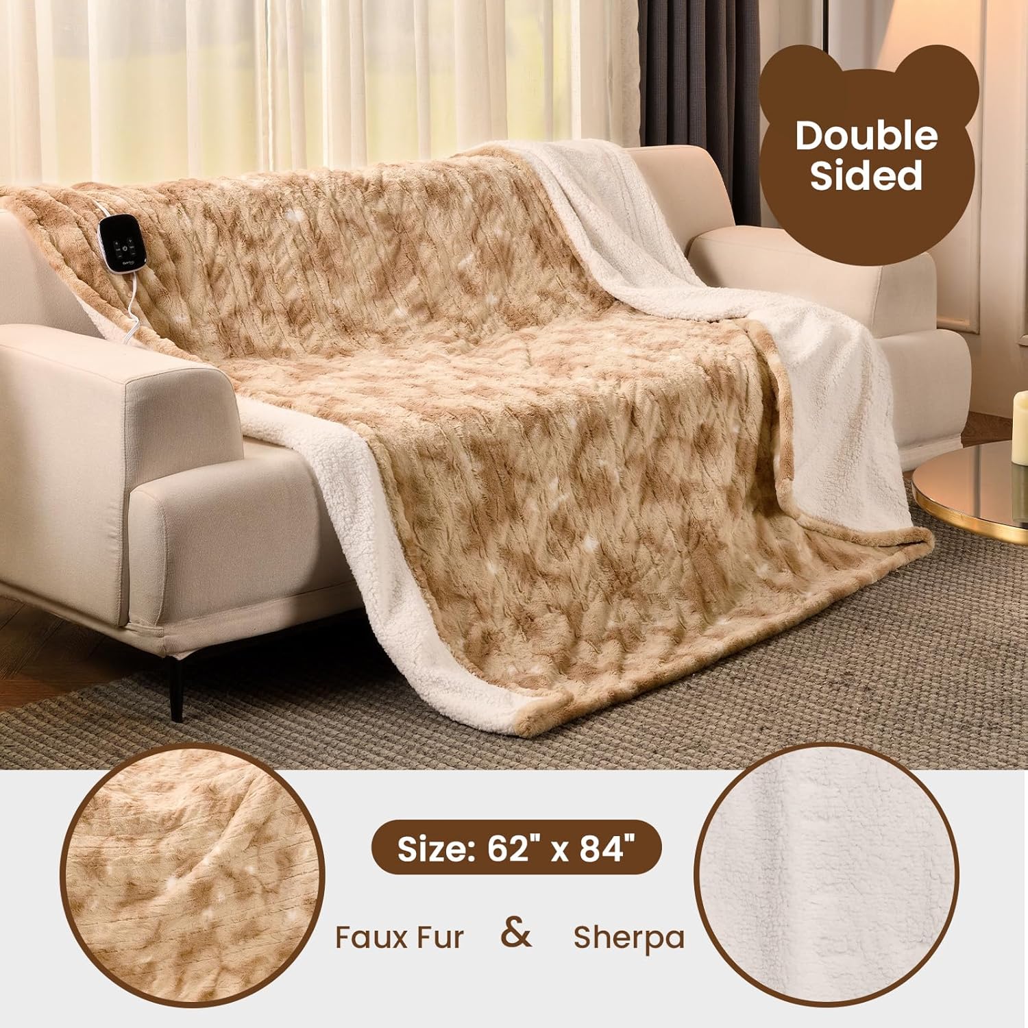 Bearhug Electric Blanket Twin Size 62" x 84", Faux Fur & Sherpa Heated Blanket, 10 Heating Levels & 1-12H Auto Off, Champagne, Over-Heat Protect, ETL Certification, Machine Washable