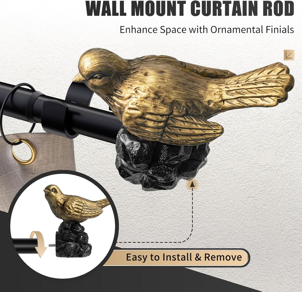 Vintage Gold Curtain Rod 36 to 120 Inches Curtain Rods for Windows Adjustable Heavy Duty Drapery Rod with Bird Finials for Living Room Bedroom