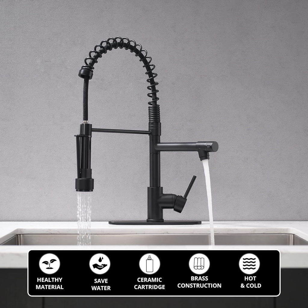 AIMADI Black Kitchen Faucet with Pull Down Sprayer, Commercial Single Handle High Pressure Kitchen Faucet Black with Deck Plate