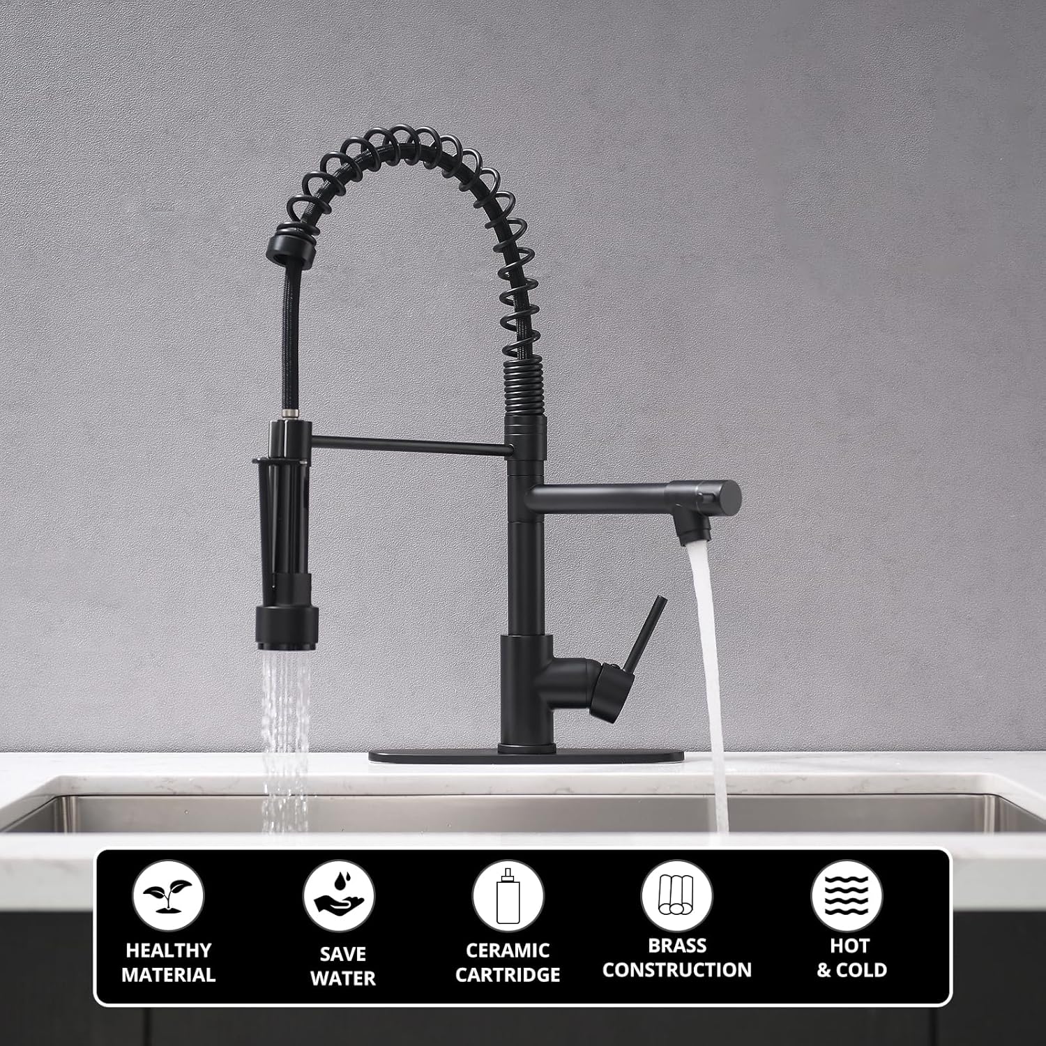 AIMADI Black Kitchen Faucet with Pull Down Sprayer, Commercial Single Handle High Pressure Kitchen Faucet Black with Deck Plate