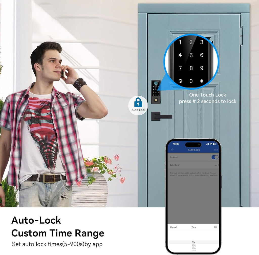BEBASIA Smart Fingerprint Door Lock with Handle Set, Full App Control, Electronic Digital Touchscreen Keypad, Deadbolt Smart Locks for Front Door, Auto Lock, Black