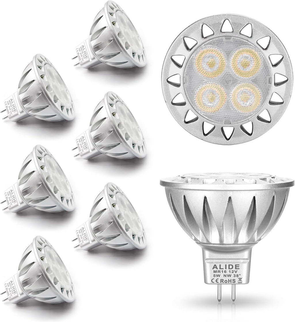 ALIDE MR16 GU5.3 Led Bulbs 5W 4000K Neutral/Natural White,20W-35W Halogen Equivalent,12V MR16 Low Voltage Bulbs for Outdoor Landscape Flood Ceil Track Lighting,Not Dimmable,450lm,38 Deg,6 Pack