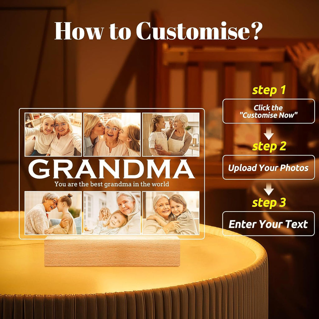 Personalized Gifts for Grandma from Daughter Son, Custom Picture Frames with Photos, Customized Photo Frame with Night Light, Personalized Birthday Gifts for Grandma Baby Kids Family