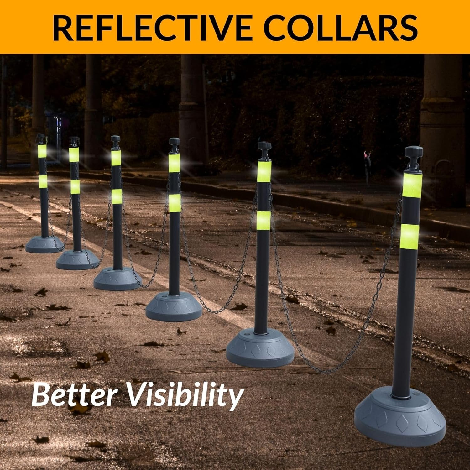 6 Pack 40 Inch Traffic Delineator Posts with Fillable Base and 6.6FT Plastic Chain, Safety Delineator Post Cones with 2 Green Reflective Stripes for Construction Work (Black)