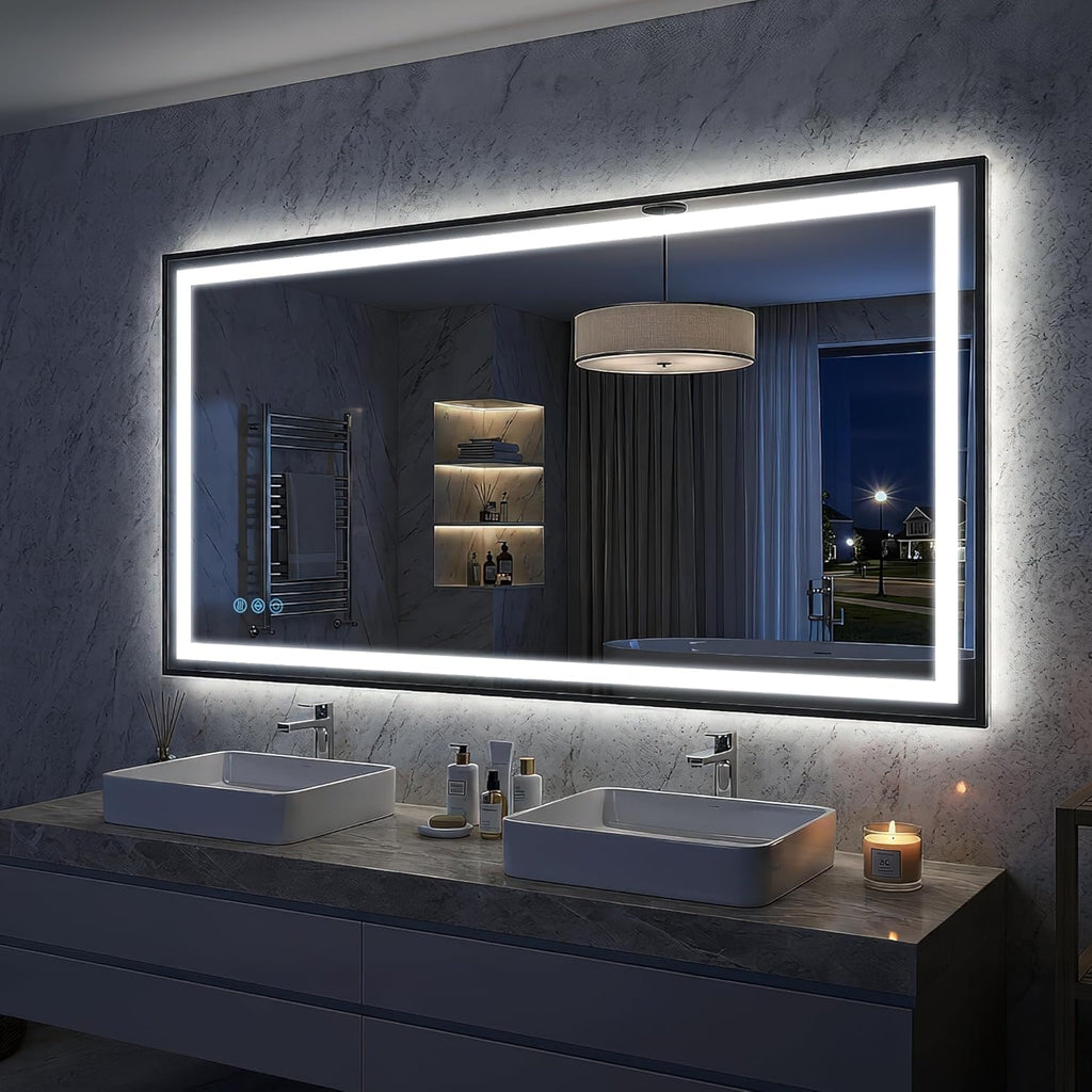 Antok 55X30 LED Bathroom Mirror with Lights, Vanity Mirror for Wall with Black Frame, Touch Control, Anti-Fog, Dimmable Lights, Shatter-Proof, Memory Function, Wall-Mounted Vanity Mirrors