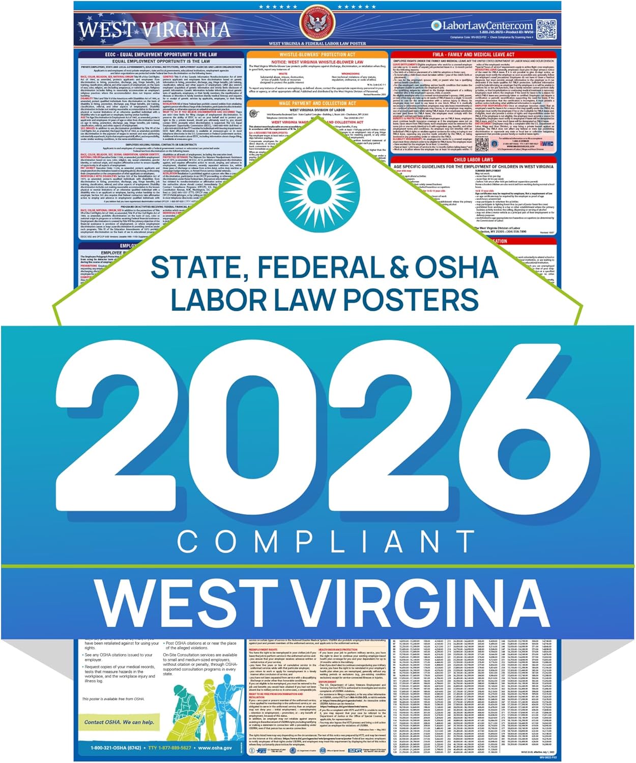 West Virginia 2026 Labor Law Poster – State & Federal Compliance – OSHA, EEOC, FMLA, Minimum Wage – Durable, Laminated & Waterproof Workplace Employment Poster – Made in USA – 26” x 39.5”